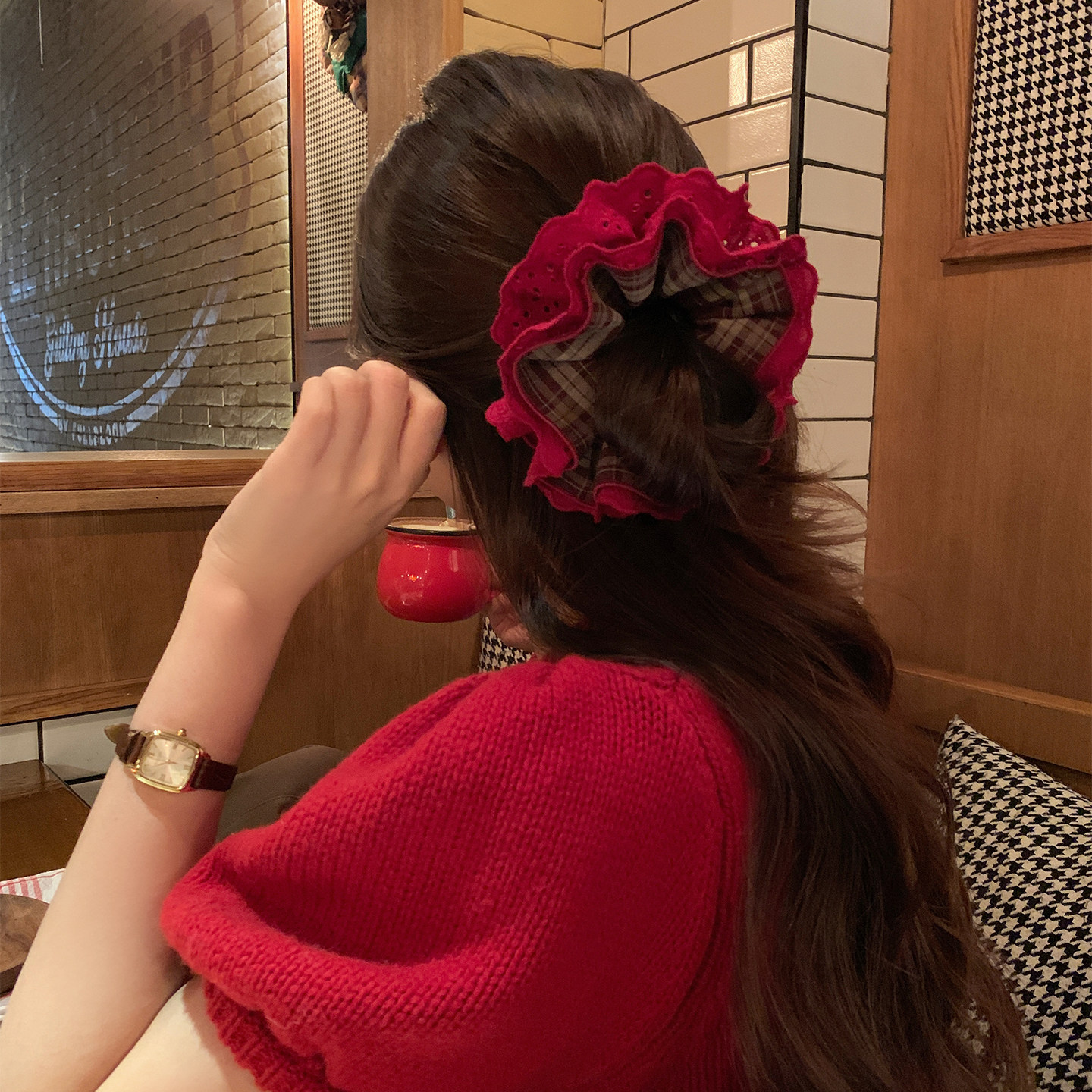 New Year Red Lace Check Four-Layer Scrunchie 鈥?Festive Hair Tie