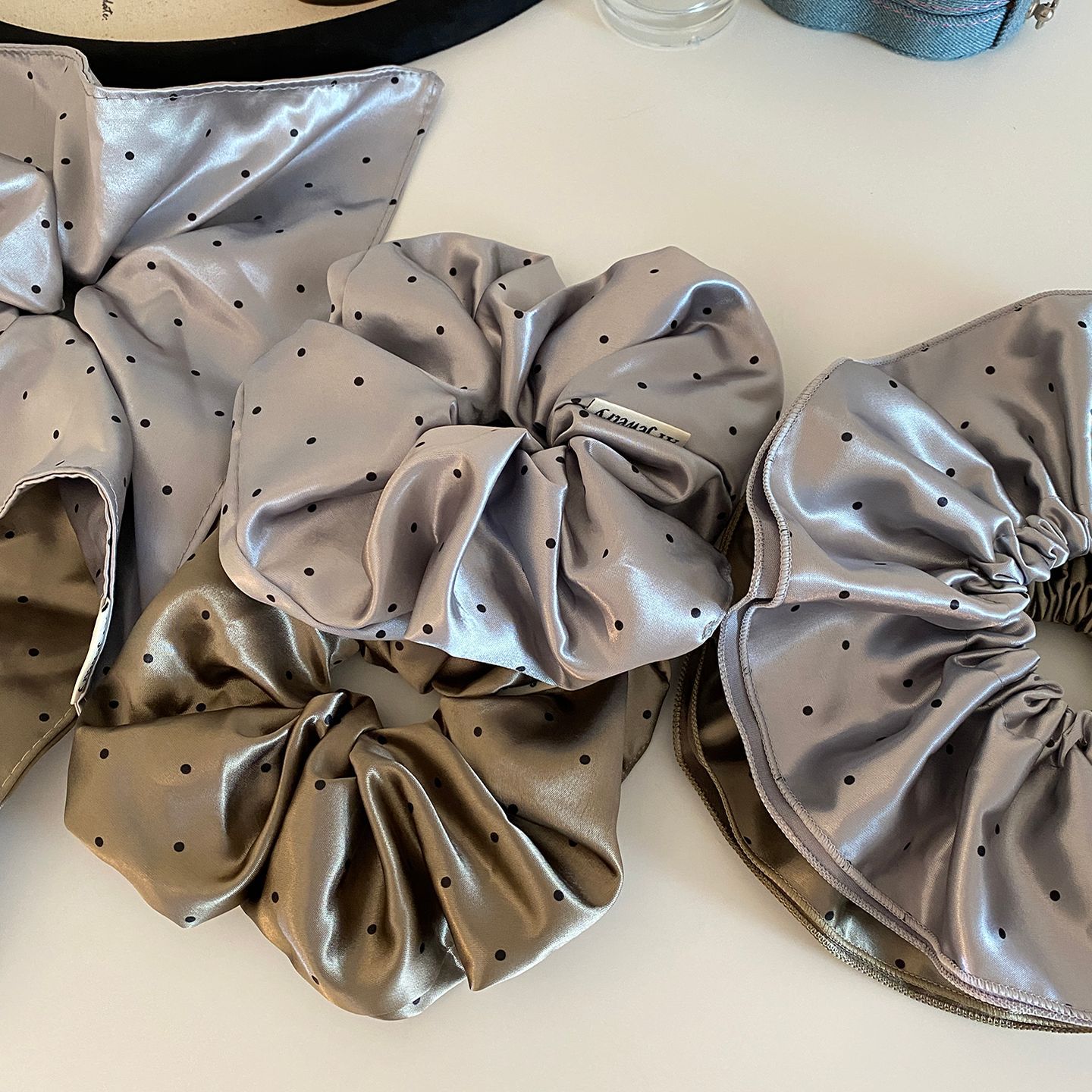 French Vintage Satin Polka Dot Scrunchie 鈥?Chic Bandana Hair Tie